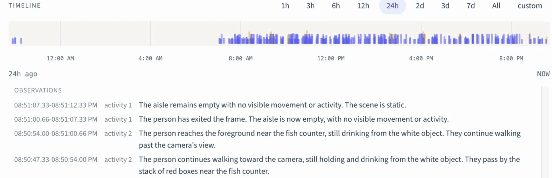 A 24-hour activity timeline for one store camera above a list of timestamped observations, each a plain-English sentence such as 'The person reaches the foreground near the fish counter, still drinking from the white object.'