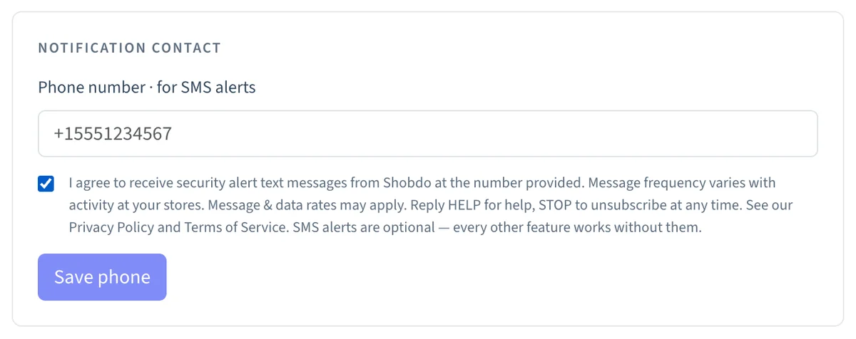 Account settings: phone number saved with SMS consent checked