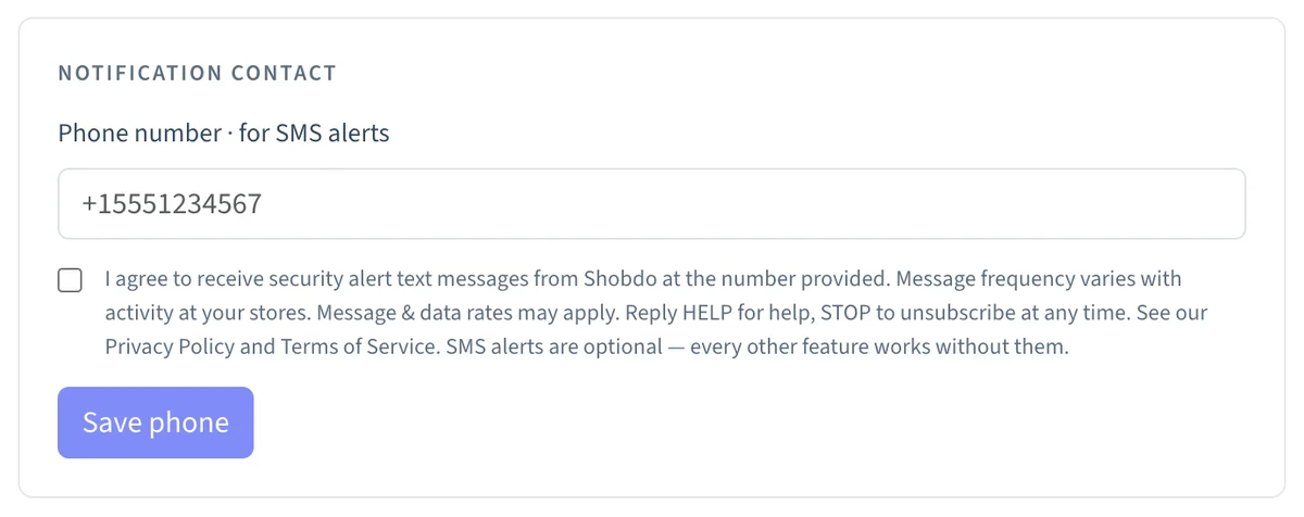 Account settings: phone field with unchecked SMS consent checkbox
